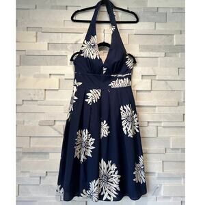 ADRIANNA PAPELL Halter Midi Dress Bold Floral Navy White 8 Feminine Flounce